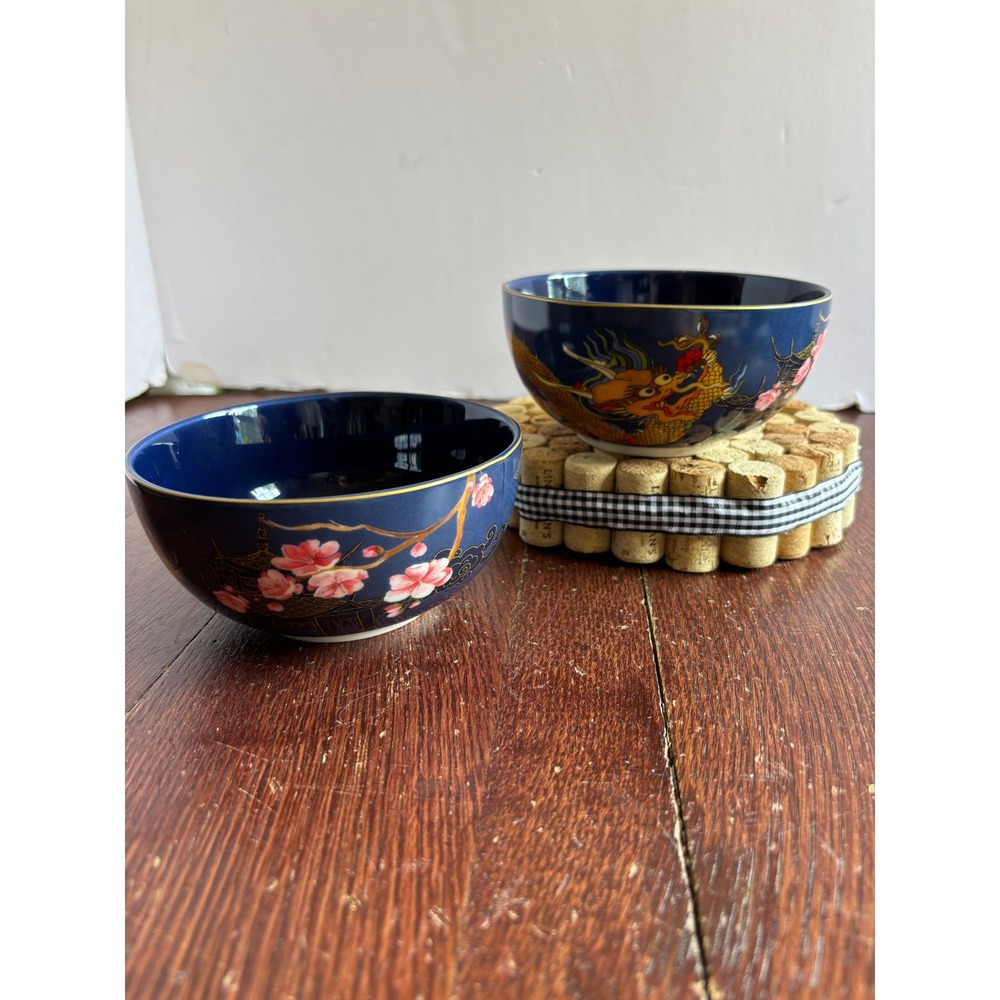 Williams Sonoma Blue Dragon Cherry Blossom Pagoda Porcelain Bowls Set of 2